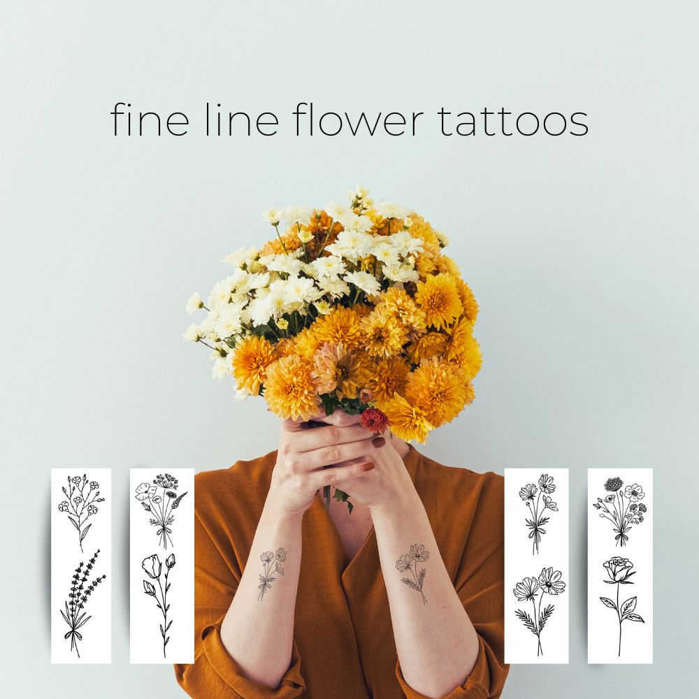 Fine Line Black Floral Tattoo