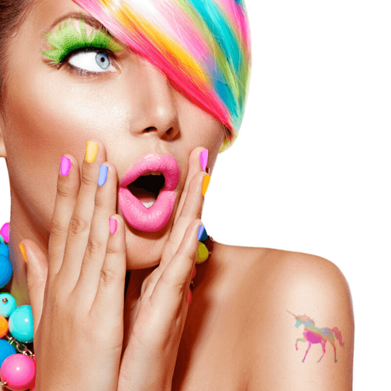 woman wearing unicorn temporary tattoo