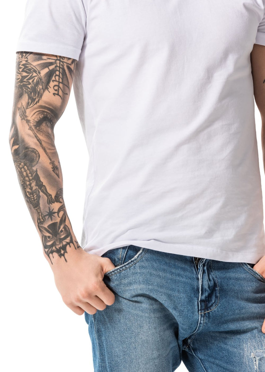 Mens Tshirt With SKULL & ROSES Temporary Tattoo Sleeves Mens 