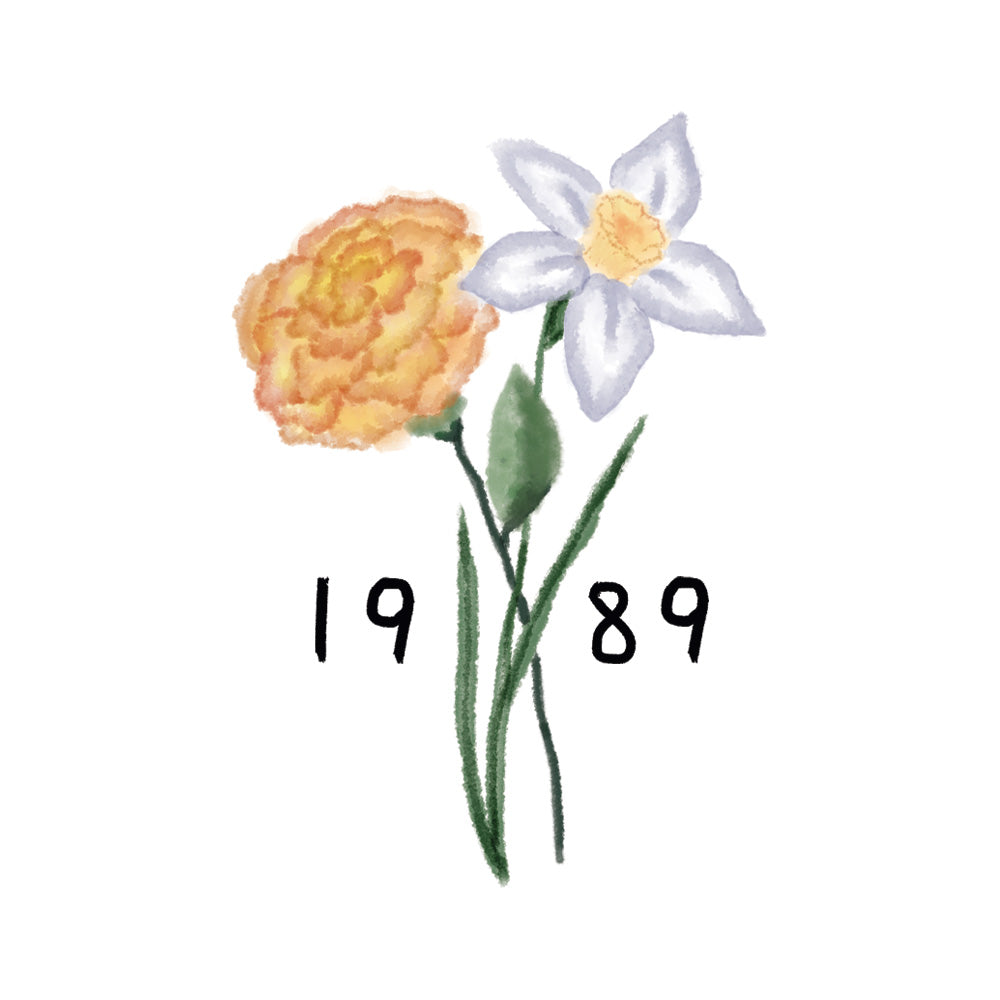 Two flowers, one orange and one white with a yellow center, on a white background with the numbers '1989' below.