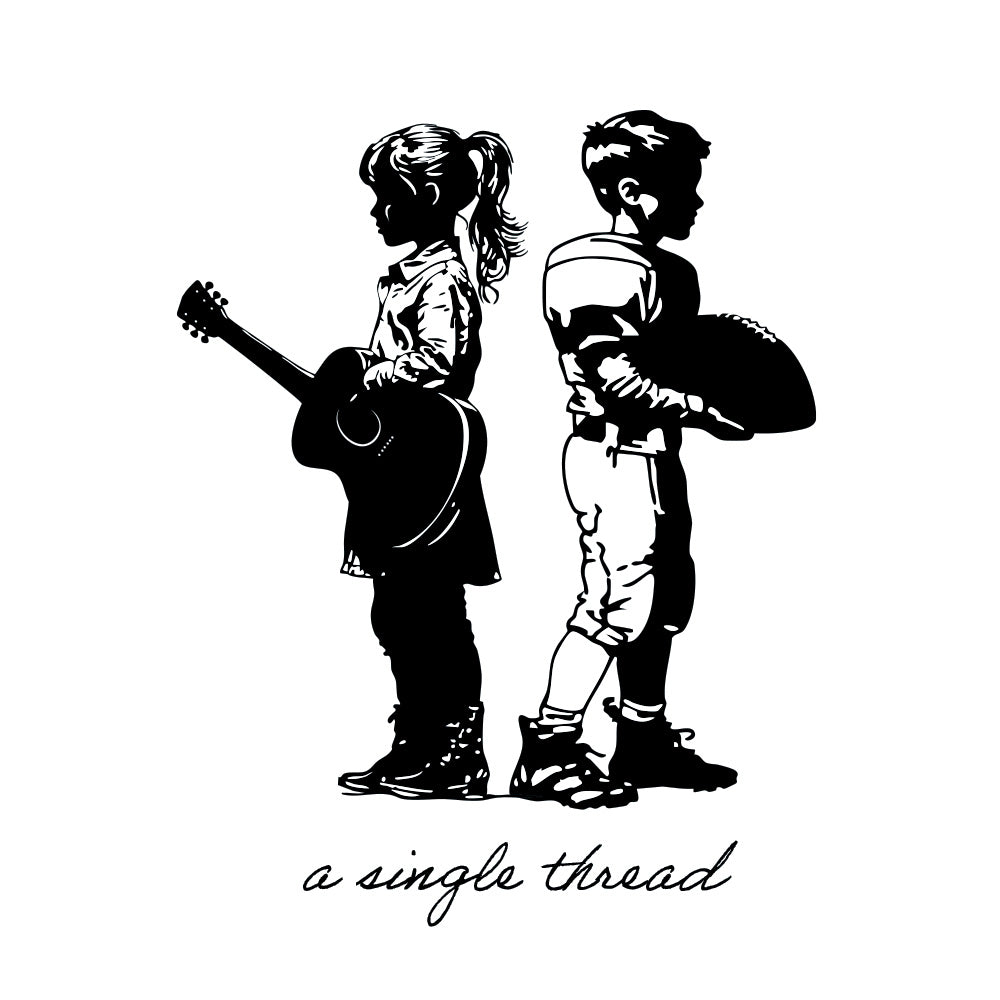 Black and white illustration of two children with a guitar and backpack, with 'a single thread' text below. temporary tattoo