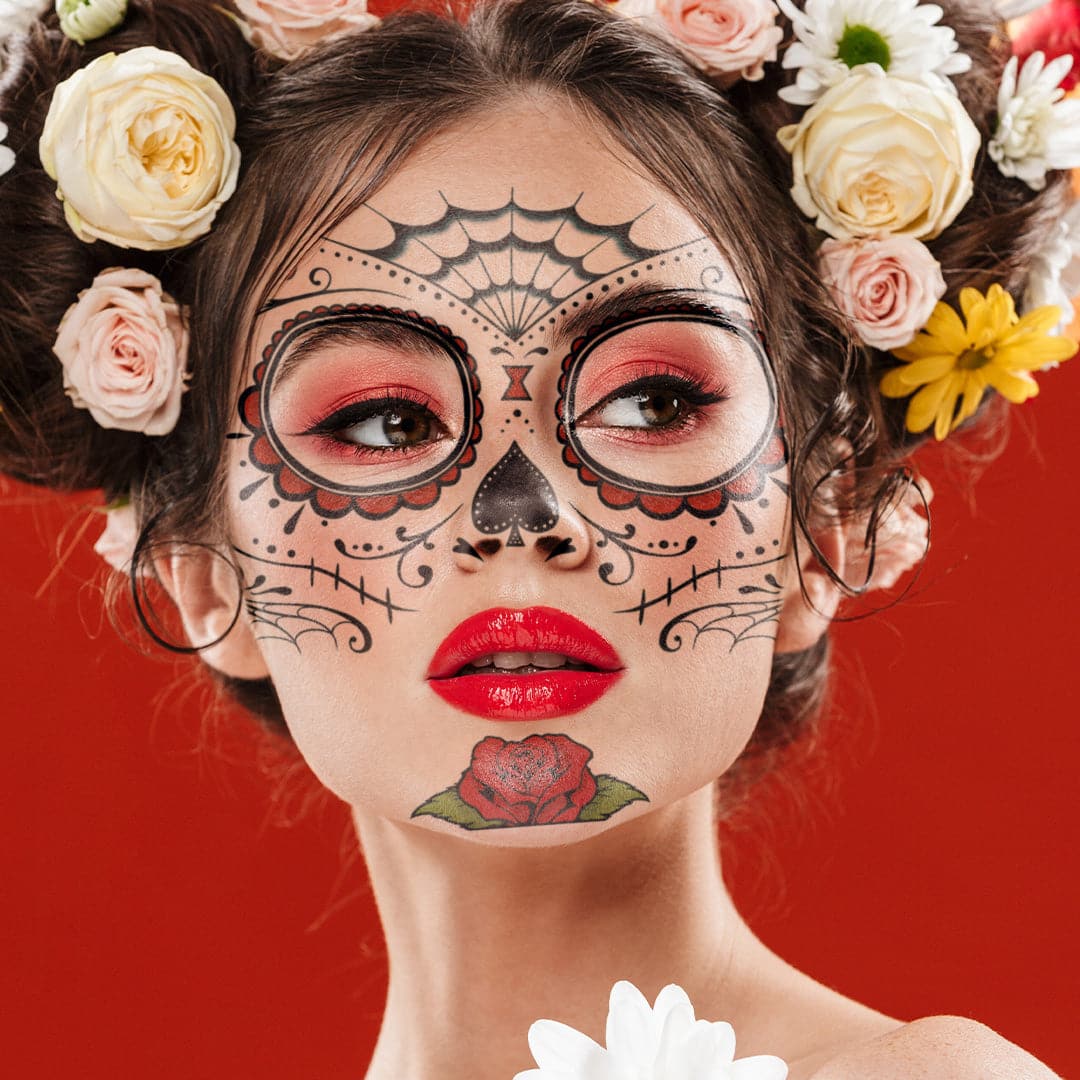 Day of the Dead: Roses Face Temporary Tattoo 5 in x 6 in