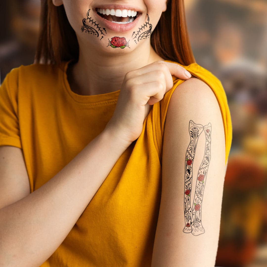 Glitter Day of the Dead Red Rose Arms Temporary Tattoo 4 in x 8.5 in