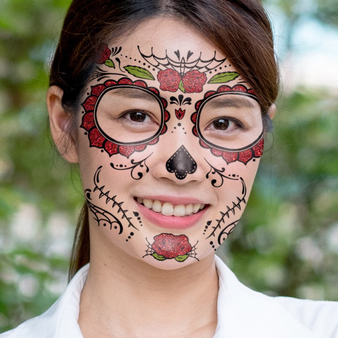 Glitter Day of the Dead Red Rose Face Temporary Tattoo 6 in x 5 in