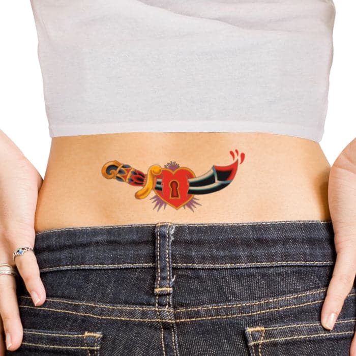Lock and Dagger Lower Back Temporary Tattoo 6 in x 3 in