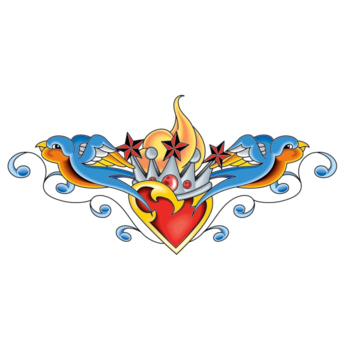 Crowned Heart with Sparrows Lower Back Temporary Tattoo 6 in x 3 in