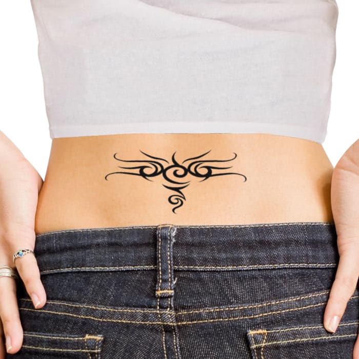 Tribal Hieroglyph Lower Back Temporary Tattoo 6 in x 3 in