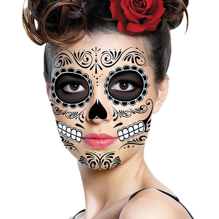 Day of the Dead: Black Skull Face Temporary Tattoo 5 in x 6 in