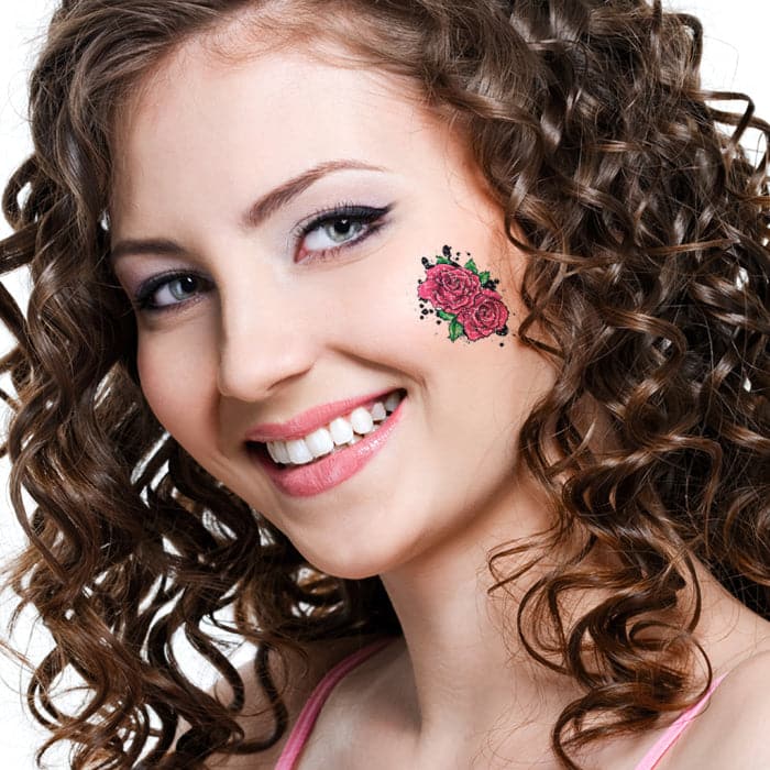 Glitter Black Splatter Roses Temporary Tattoo 2 in x 2 in