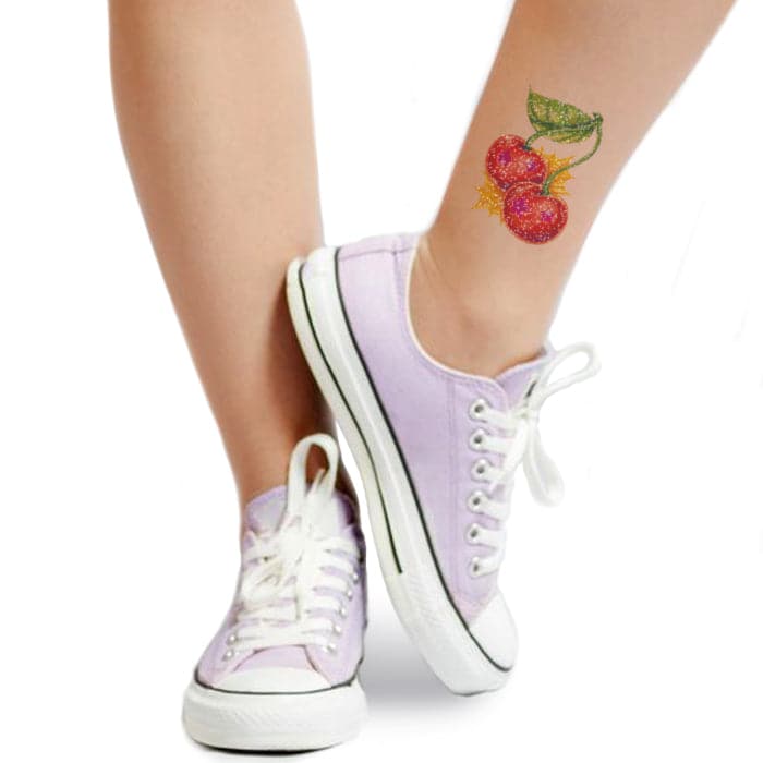 Glitter Star Cherries Temporary Tattoo 3.5 in x 2.5 in