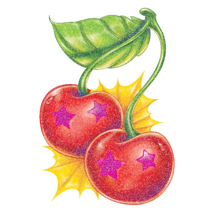 Glitter Star Cherries Temporary Tattoo 3.5 in x 2.5 in