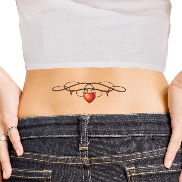 Heart with Barbed Wire Lower Back Temporary Tattoo 6 in x 3 in