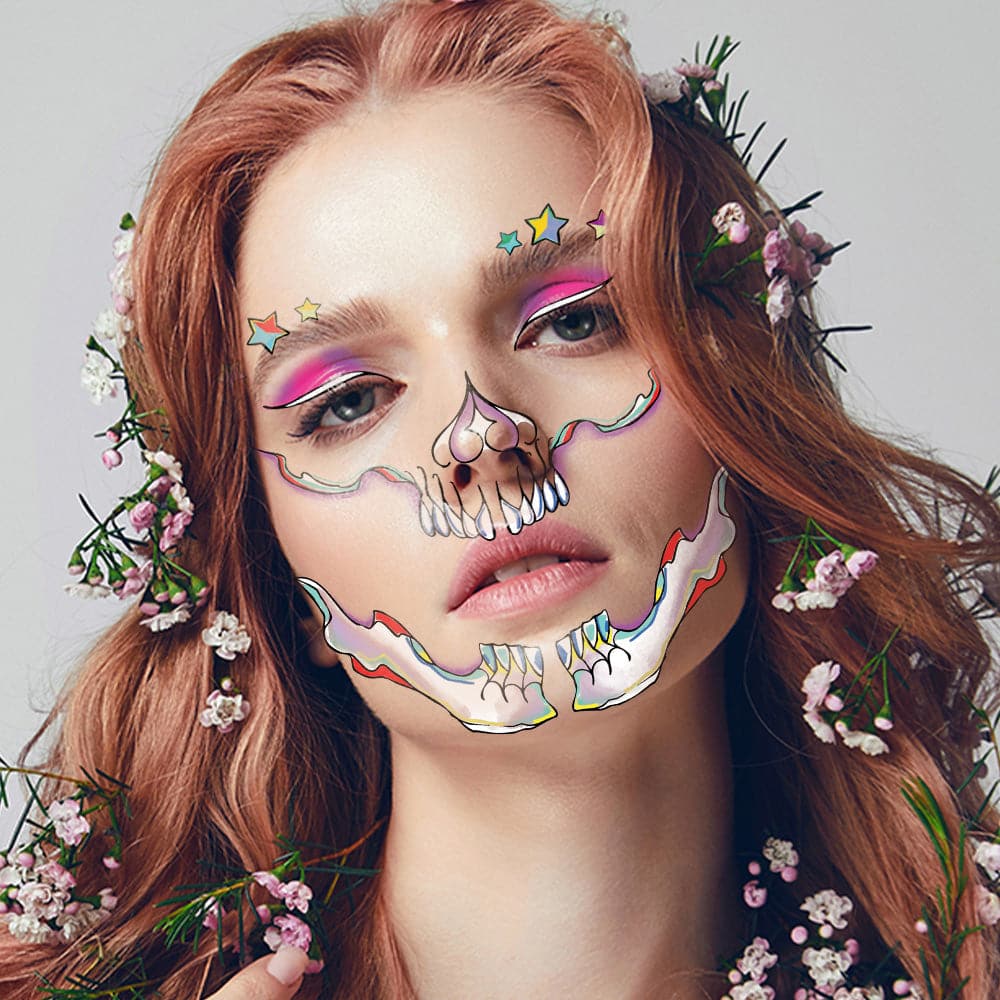 Metallic Stars Glam Skull Costume Tattoo 6 in x 5.25 in