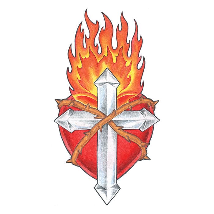 Flaming Cross and Shield Temporary Tattoo 3.5 in x 2.5 in