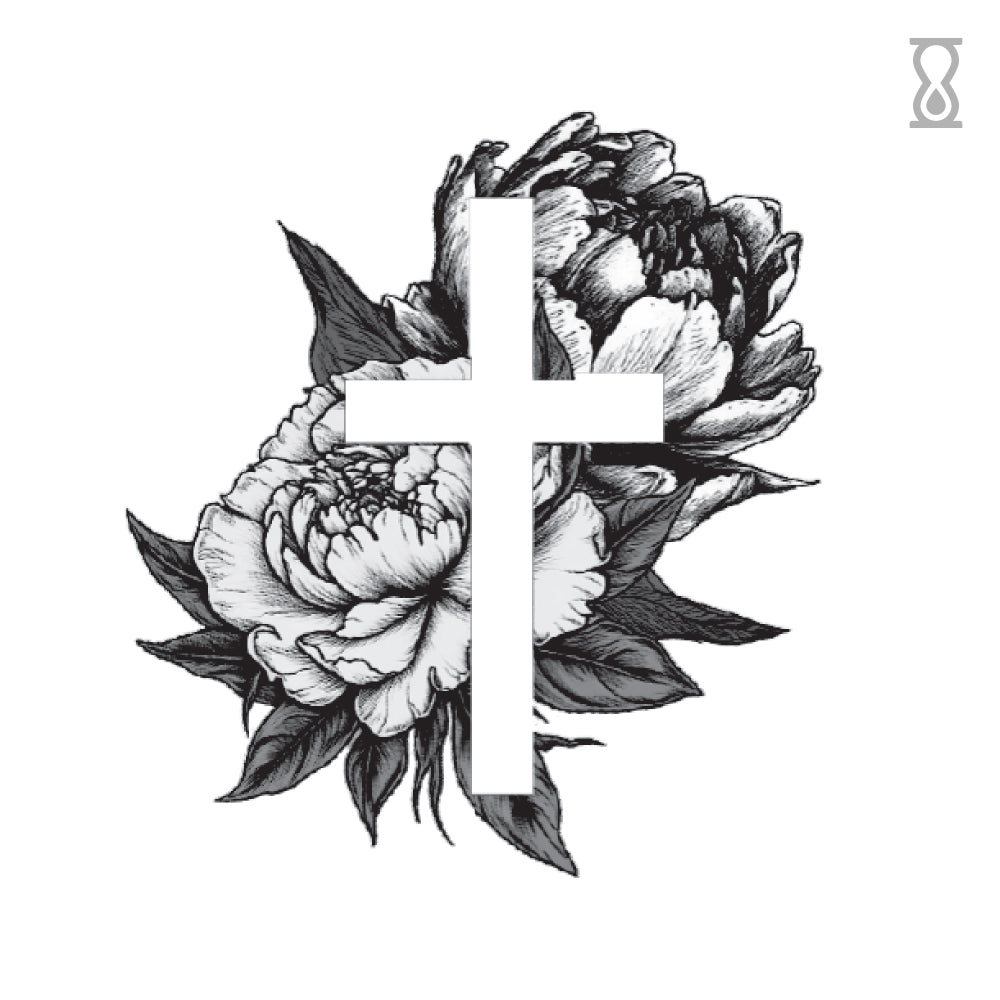 Cross Peony Semi-Permanent Tattoo 2 in x 3 in