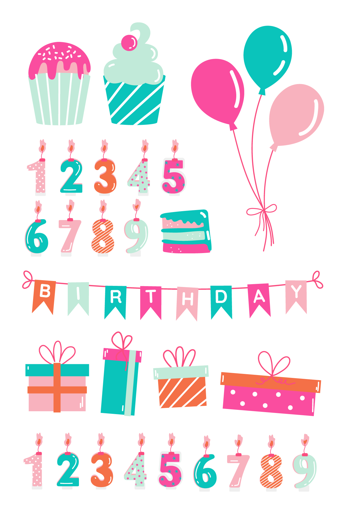 Pink and Teal Balloon and Birthday Tattoos 4 in x 6 in