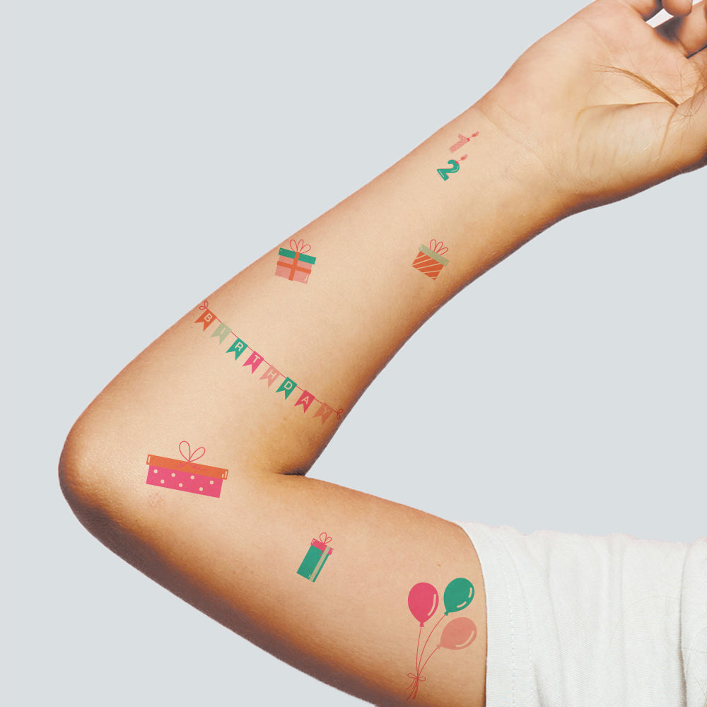 Pink and Teal Balloon and Birthday Tattoos 4 in x 6 in