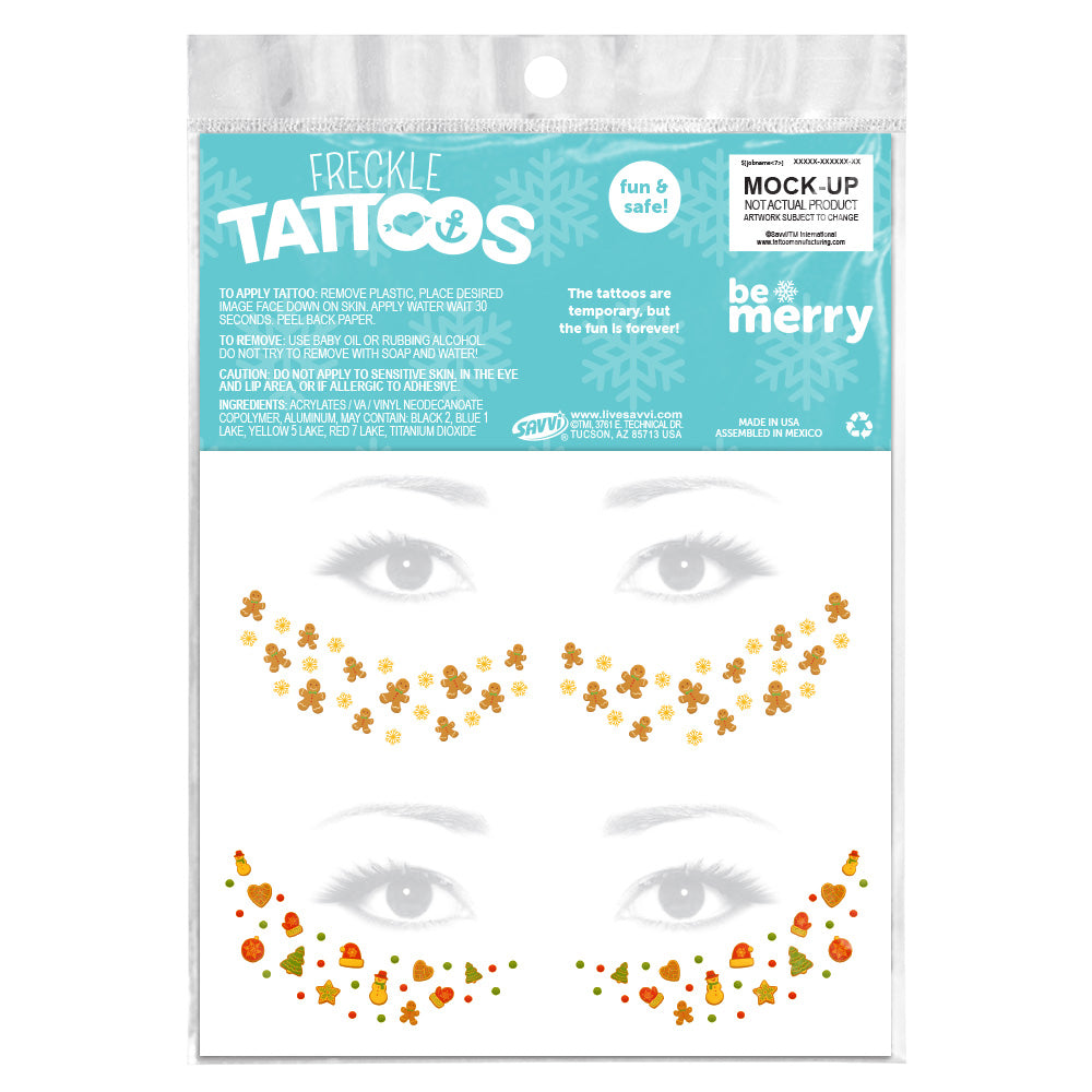 Christmas Freckle Temporary Tattoos Gingerbread Fun Party Pack 8 Tattoos Assortment