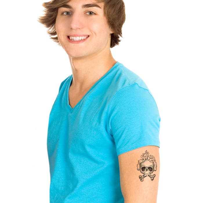 Traditional Smoking Skull Temporary Tattoo 3.5 in x 2.5 in