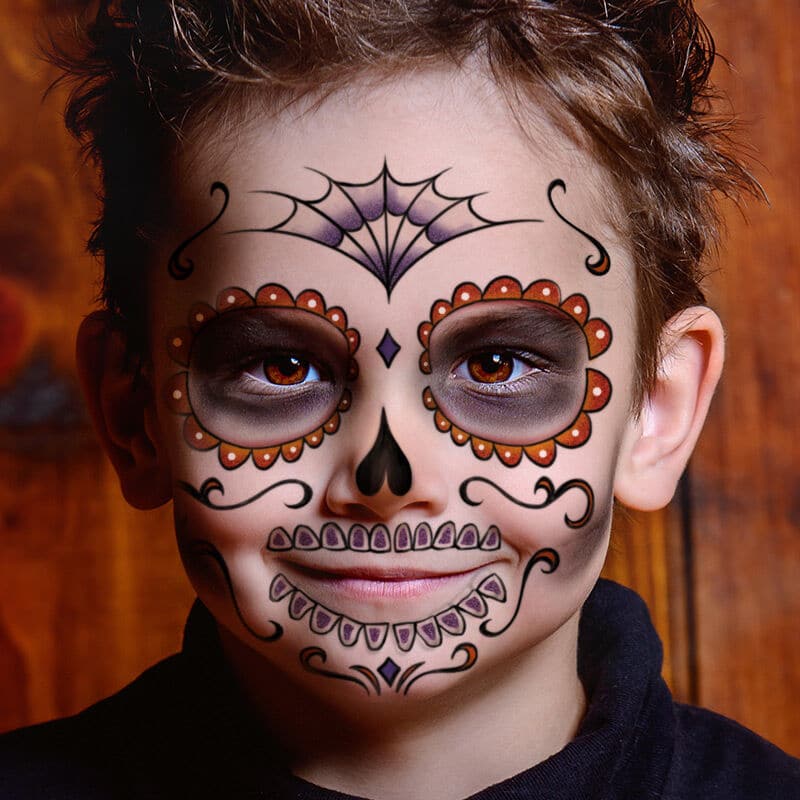 Orange Kids Sugar Skull Costume Tattoo