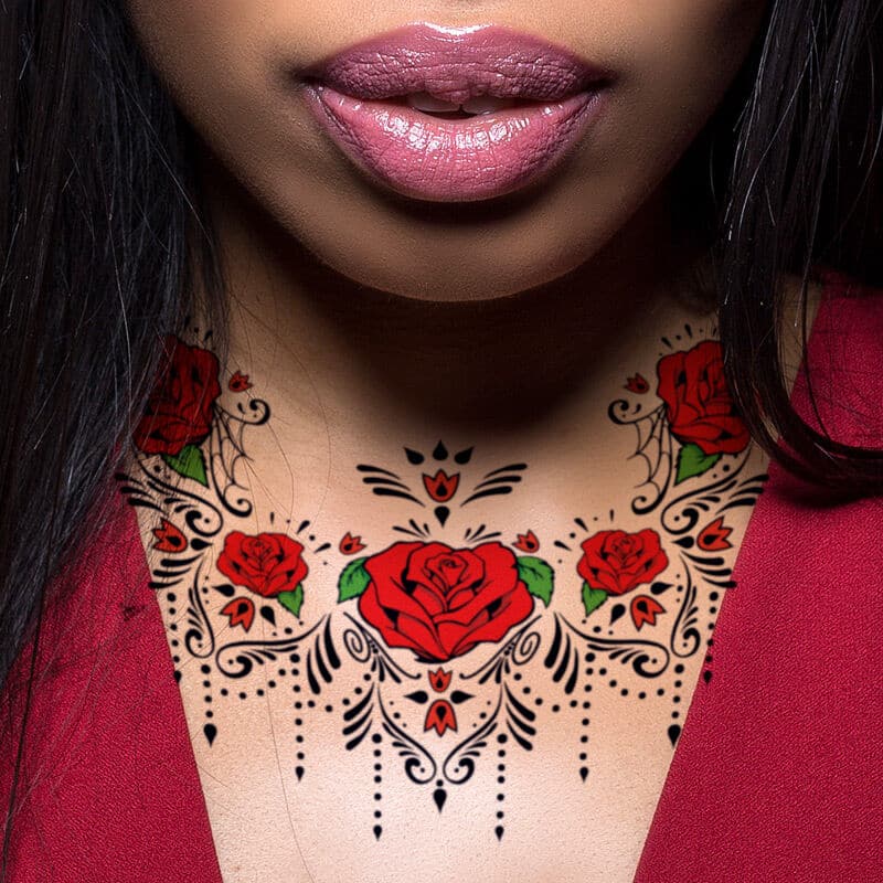 Red Rose Sugar Skull Chest Accessory Costume Tattoo