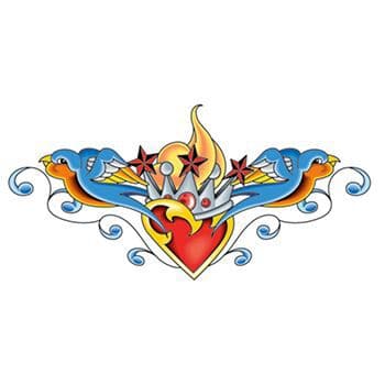 Crowned Heart with Sparrows Lower Back Temporary Tattoo