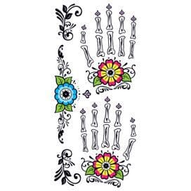 Glitter Day of the Dead Floral Hands Temporary Tattoo