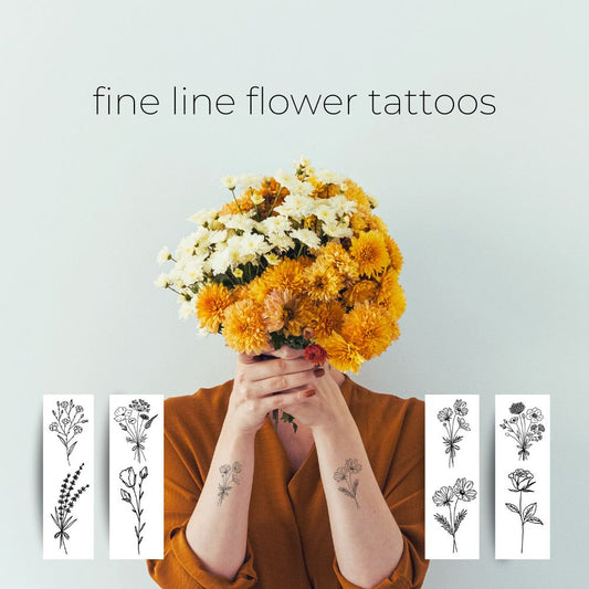 Fine Line Black Floral Tattoo