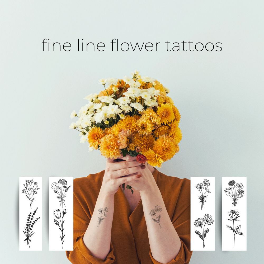 Fine Line Black Floral Temporary Tattoo Collection - Wildflowers, Sunflowers, Poppy and more.