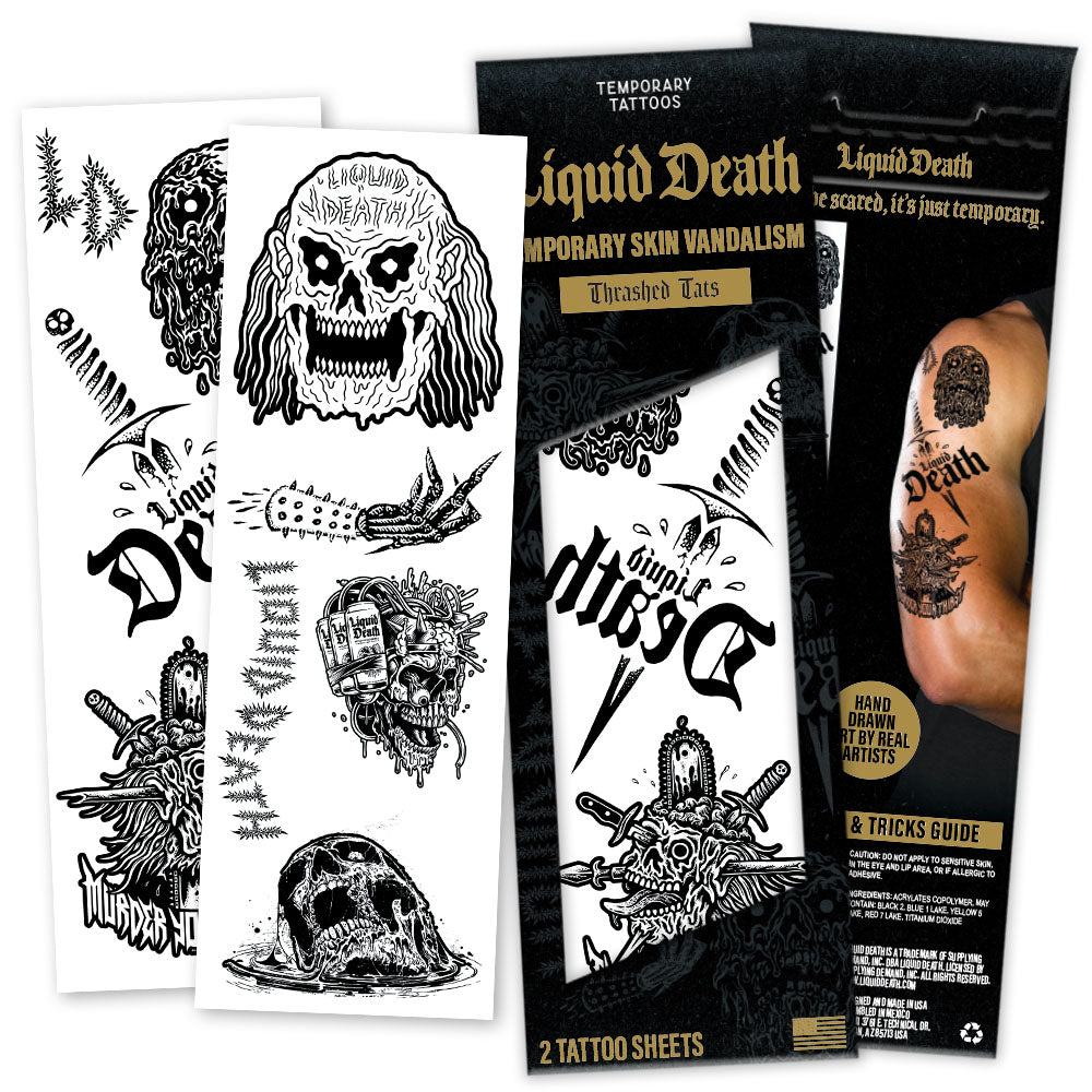 Set of temporary tattoos with skull designs and packaging on a white background