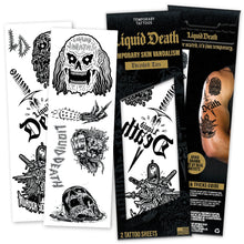 Set of temporary tattoos with skull designs and packaging on a white background