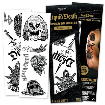 Set of temporary tattoos with skull designs and packaging on a white background