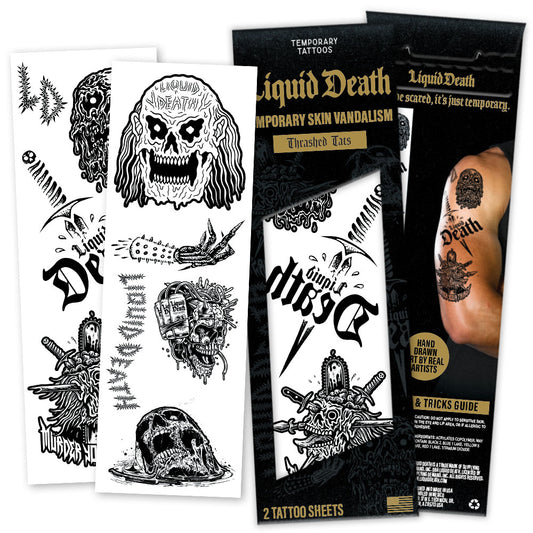 Set of temporary tattoos with skull designs and packaging on a white background
