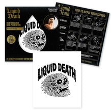 Liquid Death tattoo kit with temporary tattoos, application guide, and packaging.