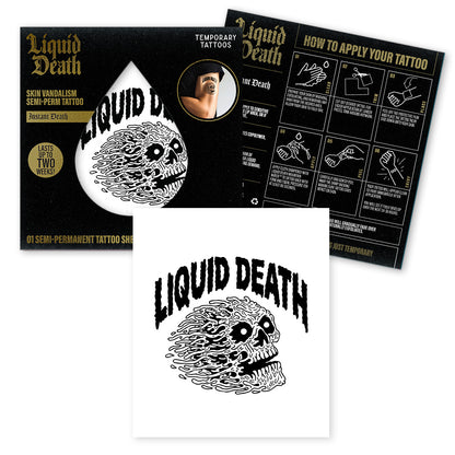 Liquid Death tattoo kit with temporary tattoos, application guide, and packaging.