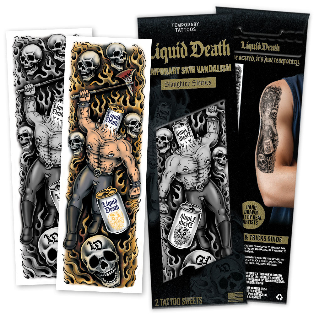 Liquid Death temporary tattoo packaging with tattoos and branding.