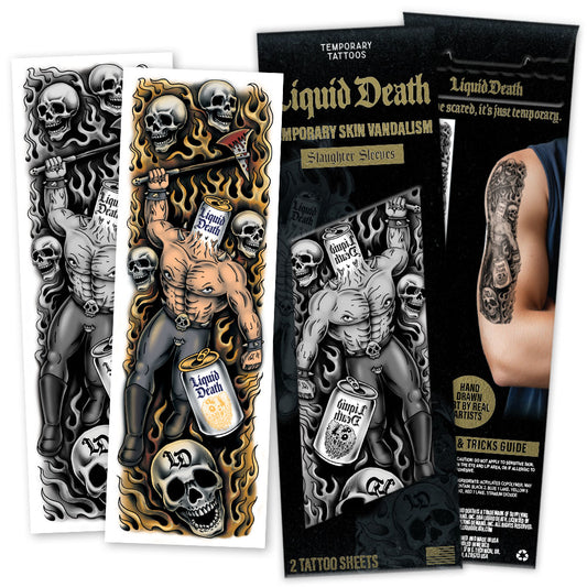 Liquid Death temporary tattoo packaging with tattoos and branding.