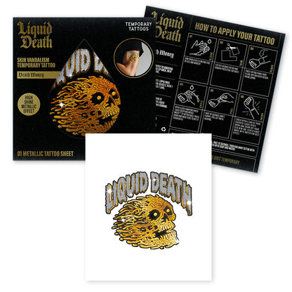 Liquid Death temporary tattoo set with instructions and packaging on a white background