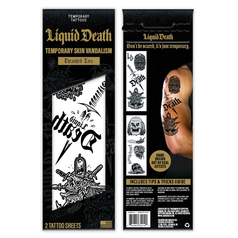 Liquid Death temporary tattoo packaging with black and white designs on a white background