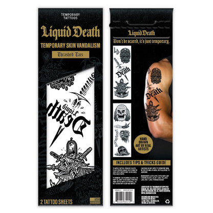 Liquid Death temporary tattoo packaging with black and white designs on a white background