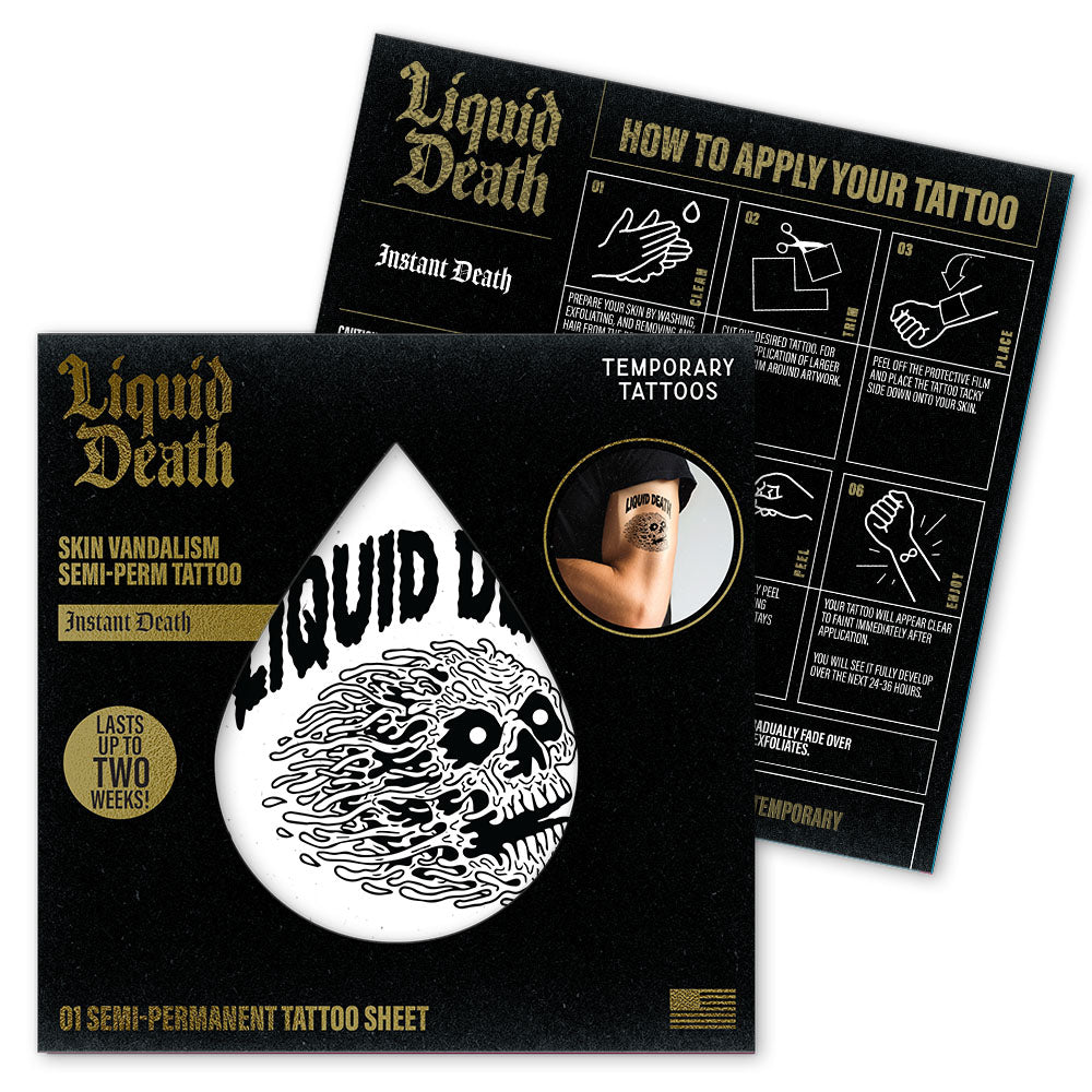 Liquid Death temporary tattoo packaging with instructions and a sample tattoo on a white background