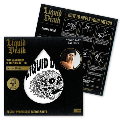 Liquid Death temporary tattoo packaging with instructions and a sample tattoo on a white background