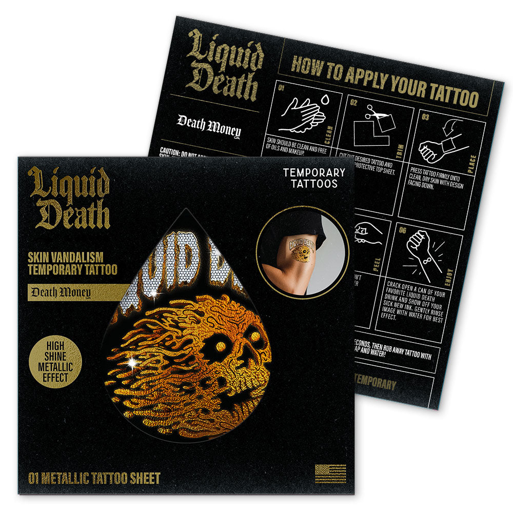 Liquid Death temporary tattoo packaging with metallic tattoo sheet and application guide.