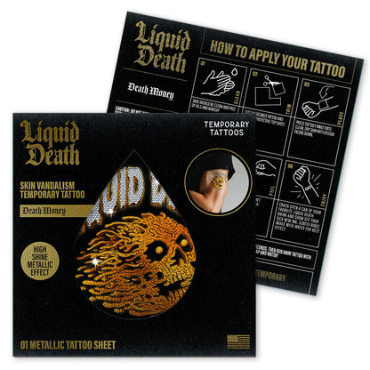Liquid Death temporary tattoo packaging with metallic tattoo sheet and application guide.