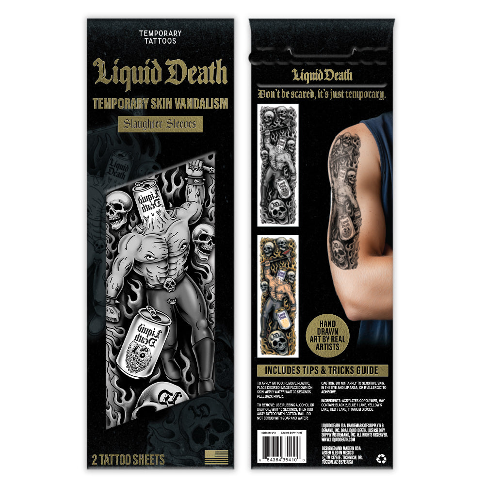 Packaging of Liquid Death temporary tattoos with a muscular figure design.