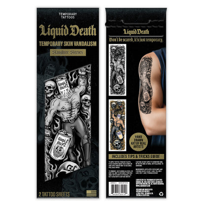 Packaging of Liquid Death temporary tattoos with a muscular figure design.