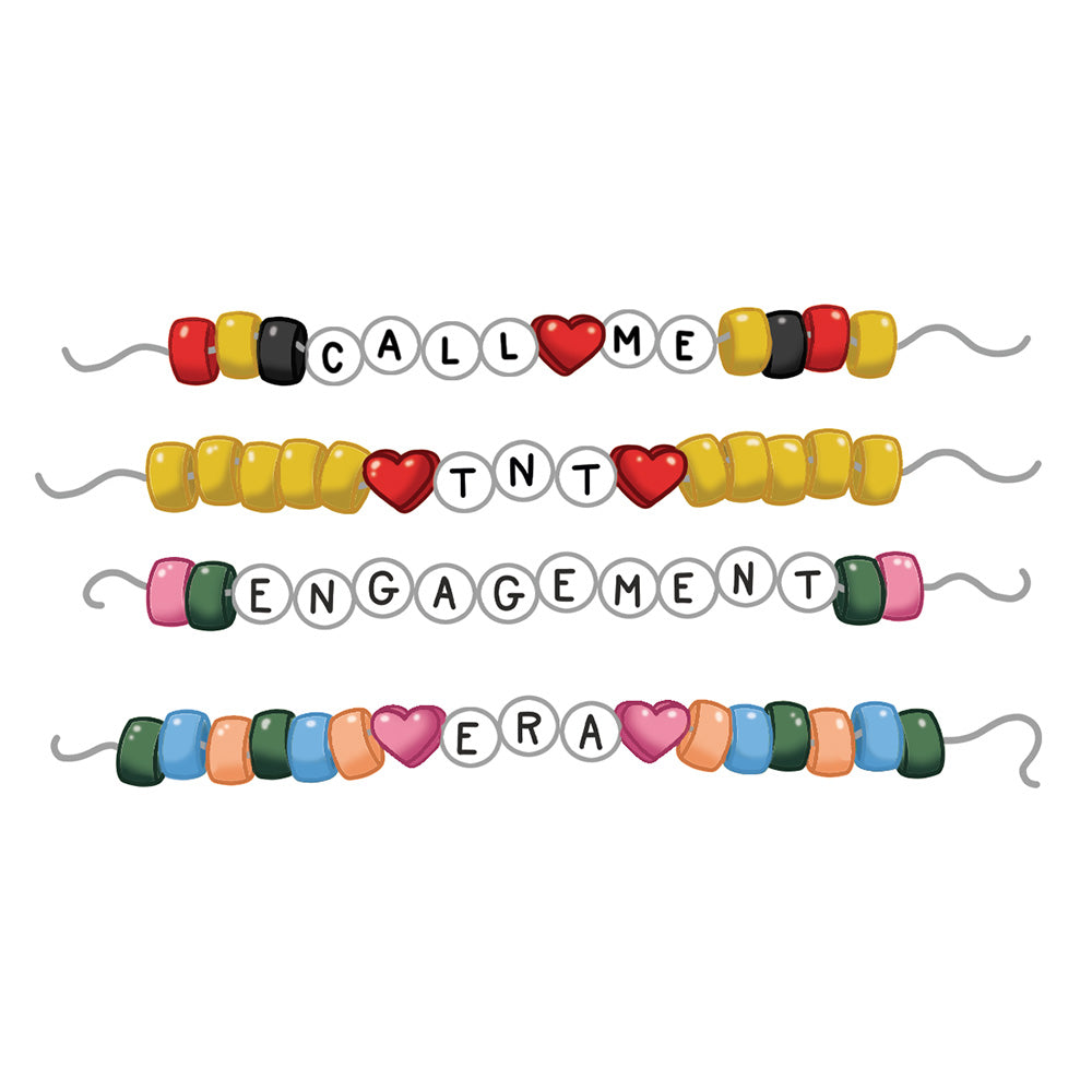 Colorful beaded necklaces with letter beads spelling out phrases on a white background