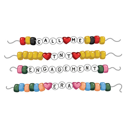 Colorful beaded necklaces with letter beads spelling out phrases on a white background