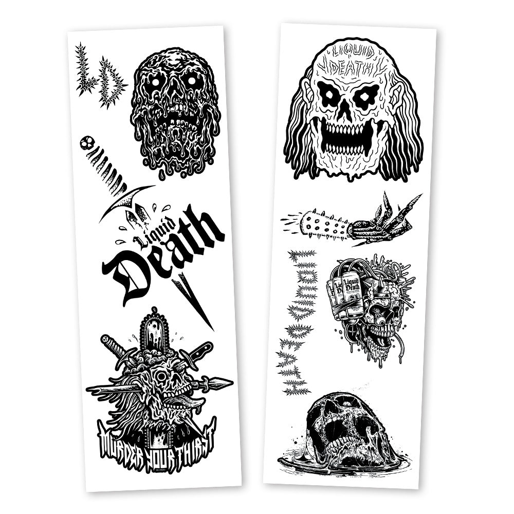 Two sheets of black and white temporary tattoos featuring skull designs and text on a white background.