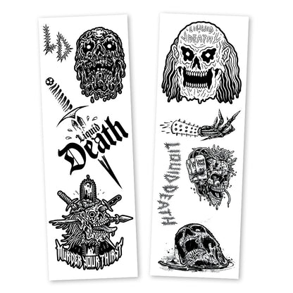 Two sheets of black and white temporary tattoos featuring skull designs and text on a white background.